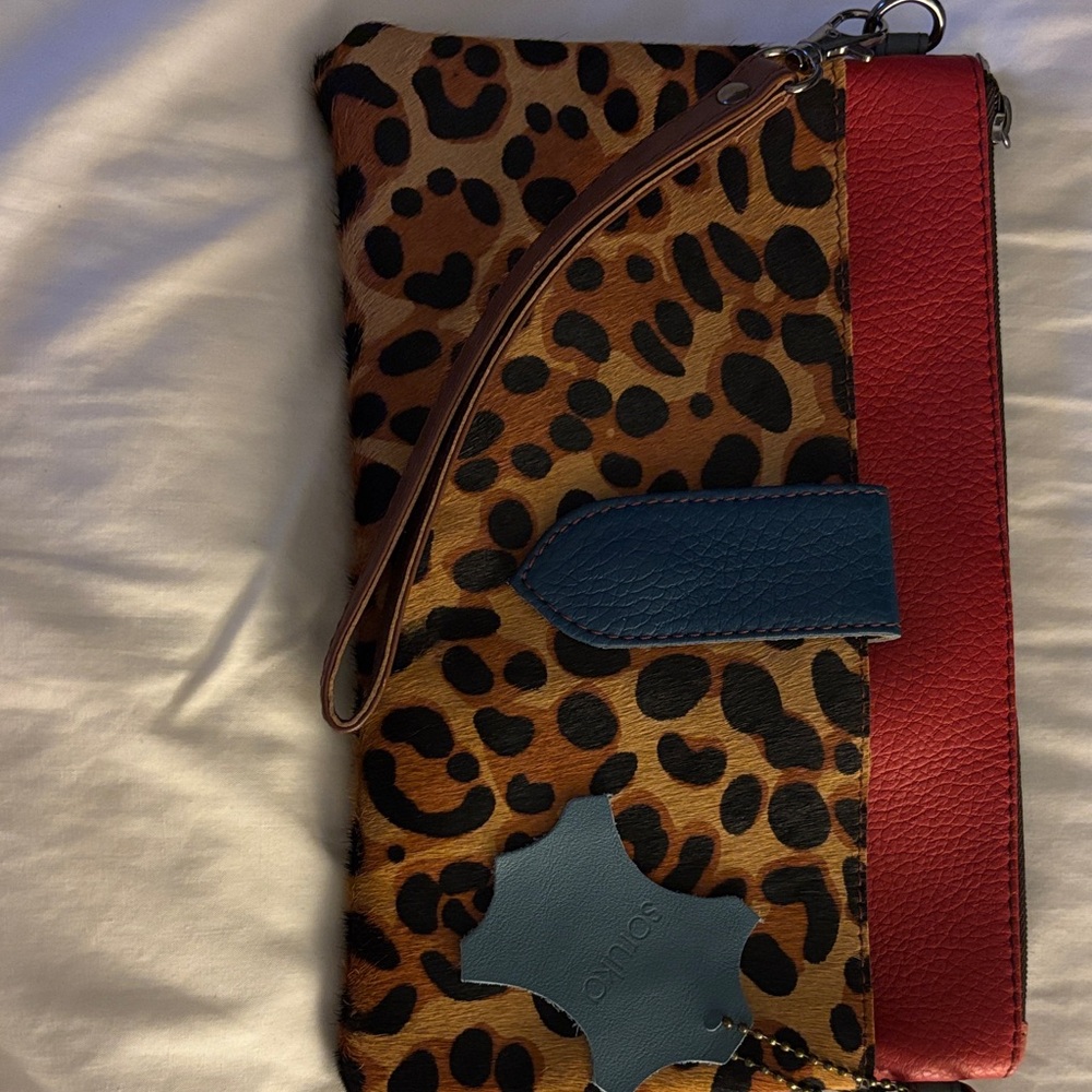 Leopard Print Clutch with Red and Blue Details